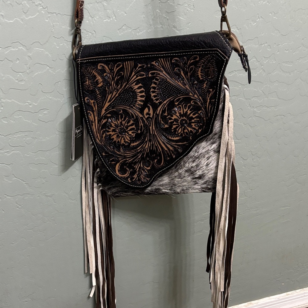 Myra Bag Black and Brown Floral Tooled Fringe Crossbody